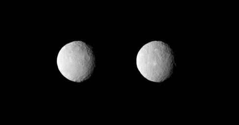 NASA's Dawn spacecraft obtained these uncropped images of dwarf planet Ceres on Feb. 19, 2015, from a distance of about 29,000 miles (46,000 kilometers). The images show the full range of different crater shapes that can be found at Ceres' surface.