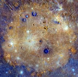 This mosaic from NASA's MESSENGER of Caloris basin is an enhanced-color composite overlain on a monochrome mosaic. It is made up of images obtained when both the spacecraft and the Sun were overhead, conditions best for discerning variat in albedo.