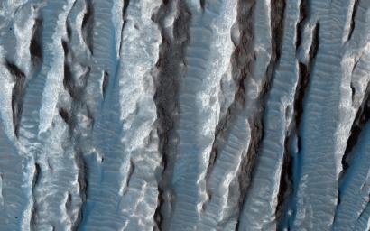Several terrain types converge in this scene observed by NASA's Mars Reconnaissance Orbiter from Arsinoes Chaos, in the far eastern portions of Valles Marineris.