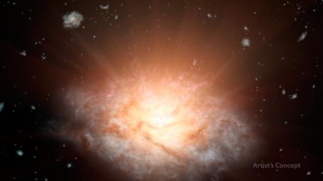 This artist's concept of the galaxy named WISE J224607.57-052635.0, is erupting with light equal to more than 300 trillion sunset; it was discovered by NASA's Wide-Field Infrared Survey Explorer, or WISE.