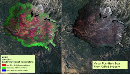 NASA's AVIRIS spectral map of the 2013 Rim fire in and near Yosemite National Park, California.