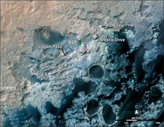 A green star marks the location of NASA's Curiosity Mars rover after a drive on the mission's 957th Martian day, or sol, (April 16, 2015). The map covers an area about 1.25 miles (2 kilometers) wide.