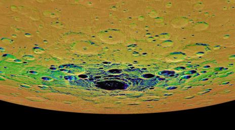 This view from NASA's MESSENGER spacecraft is an orthographic projection of Mercury's south polar region, colored by an illumination map; the center of the image is within the interior of the crater Chao Meng-Fu.