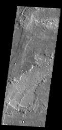 This image captured by NASA's 2001 Mars Odyssey spacecraft shows a small portion of the lava flows that comprise Daedalia Planum. These flows originated at Arsia Mons.