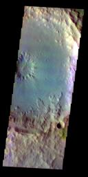 The THEMIS VIS camera contains 5 filters. The data from different filters can be combined in multiple ways to create a false color image. This false color image from NASA's 2001 Mars Odyssey spacecraft shows part of an unnamed crater in Terra Cimmeria.