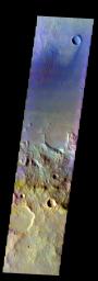 The THEMIS VIS camera contains 5 filters. Data from different filters can be combined in multiple ways to create a false color image. This image from NASA's 2001 Mars Odyssey spacecraft shows the floor and rim of an unnamed crater in Terra Cimmeria.