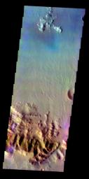 The THEMIS VIS camera contains 5 filters. The data from different filters can be combined in multiple ways to create a false color image. This false color image from NASA's 2001 Mars Odyssey spacecraft shows part of the rim and flow of Ostrov Crater.