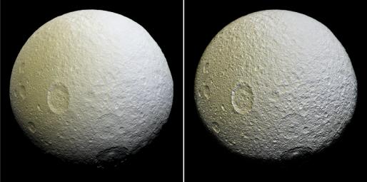 This enhanced-color mosaic of Saturn's icy moon Tethys shows a range of features on the moon's trailing hemisphere. This image from NASA's Cassini spacecraft was constructed from 52 images from its narrow-angle camera on April 11, 2015.
