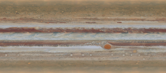 Scientists produced new global maps of Jupiter using the Wide Field Camera 3 on NASA's Hubble Space Telescope. One color map is shown here, projected onto a globe and as a flat image.