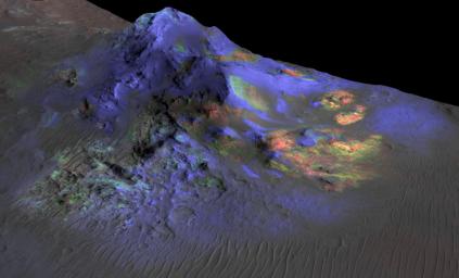 Researchers have found deposits of impact glass preserved in Martian craters, including Alga Crater, shown here. The detection is based on data from the Compact Reconnaissance Imaging Spectrometer for Mars CRISM on NASA Mars Reconnaissance Orbiter.