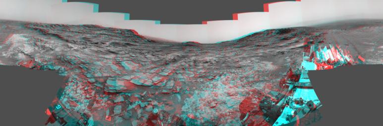 This 3-D stereo view from NASA's Curiosity Mars rover shows a 360-degree panorama around the location where the rover spent its 1,000th Martian day, or sol, on Mars. The site is a valley just below 'Marias Pass' on lower Mount Sharp.