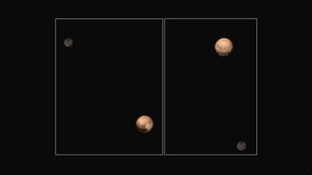 This pair of approximately true color images of Pluto and its big moon Charon, taken by NASA's New Horizons spacecraft, highlight the dramatically different appearance of different sides of the dwarf planet, and reveal never-before-seen details.