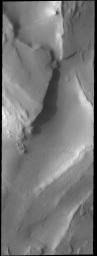 This image captured by NASA's 2001 Mars Odyssey spacecraft shows depressions near the south polar cap. All surface ice in this region has been removed by the relative warmth of summer, revealing subtle features of the surface.