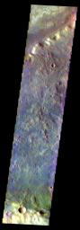 The THEMIS VIS camera contains 5 filters. The data from different filters can be combined in multiple ways to create a false color image. This false color image from NASA's 2001 Mars Odyssey spacecraft shows part of Terra Sabaea.