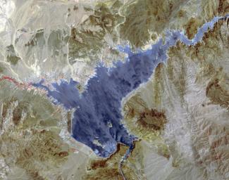 Lake Mead supplies water for Arizona, California, Mexico, and other western states. This image from NASA's Terra spacecraft shows the water level fell to 1075 feet, a record low.