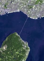 This image from NASA's Terra spacecraft shows the Akashi Kaikyo Bridge in Japan, which has the longest central span of any suspension bridge in the world at 1991 m.