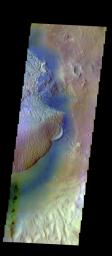 The THEMIS VIS camera contains 5 filters. The data from different filters can be combined in multiple ways to create a false color image. This image from NASA's 2001 Mars Odyssey spacecraft shows part of the floor of Becquerel Crater.
