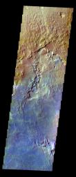 The THEMIS VIS camera contains 5 filters. The data from different filters can be combined in multiple ways to create a false color image. This image from NASA's 2001 Mars Odyssey spacecraft shows part of Arabia Terra.