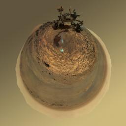 This version of a self-portrait of NASA's Curiosity Mars rover at a drilling site called 'Buckskin' on lower Mount Sharp is presented as a stereographic projection, which shows the horizon as a circle.