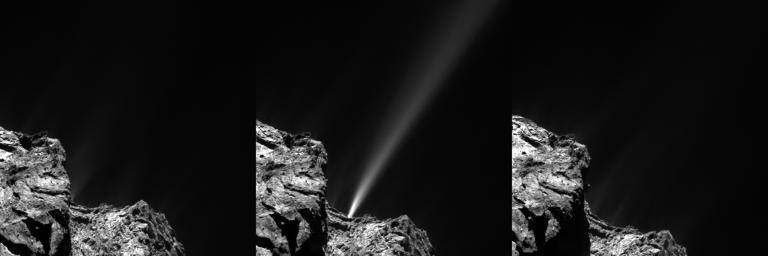This frame from an animation shows a very strong jet from comet 67P/Churyumov-Gerasimenko captured by Rosetta's OSIRIS on July 29, 2015.