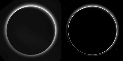 Two different versions of an image of Pluto's haze layers, taken by NASA's New Horizons as it looked back at Pluto's dark side nearly 16 hours after close approach, from a distance of 480,000 miles (770,000 kilometers).