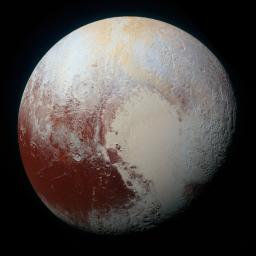 NASA's New Horizons spacecraft captured this high-resolution enhanced color view of Pluto on July 14, 2015. Pluto's surface sports a remarkable range of subtle colors, enhanced in this view to a rainbow of pale blues, yellows, oranges, and deep reds.