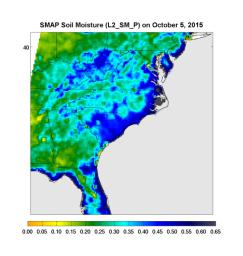 Surface soil moisture in the Southeastern United States as retrieved from NASA's SMAP satellite observatory at around 6 a.m. on Oct. 5, 2015. Large parts of South Carolina appear blue, representing the impact of heavy localized rains and flooding.