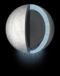 This artist's rendering showing a cutaway view into the interior of Saturn's moon Enceladus. NASA's Cassini spacecraft discovered the moon has a global ocean and likely hydrothermal activity.