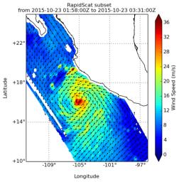 NASA's ISS-RapidScat passed over Hurricane Patricia at about 3:00 AM GMT on Oct. 23, 2015. A Hurricane Warning was in effect from San Blas to Punta San Telmo.