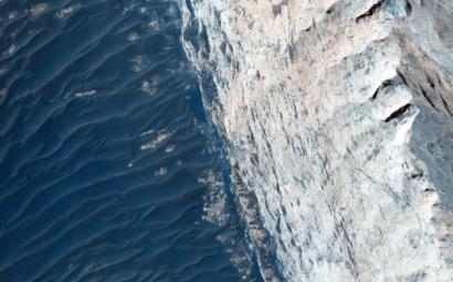 Ophir Chasma forms the northern portion of Valles Marineris, and this image from NASA's Mars Reconnaissance Orbiter spacecraft features a small part of its wall and floor.