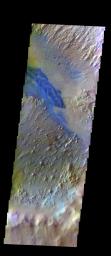 The THEMIS VIS camera contains 5 filters. The data from different filters can be combined in multiple ways to create a false color image. This image from NASA's 2001 Mars Odyssey spacecraft shows part of the floor of Danielson Crater.