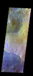 The THEMIS VIS camera contains 5 filters. The data from different filters can be combined in multiple ways to create a false color image. This image from NASA's 2001 Mars Odyssey spacecraft shows part of the floor of Becquerel Crater.