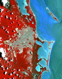 This image from NASA's Terra spacecraft shows Cancun, a resort city on the east side of Mexico's Yucatan Peninsula.