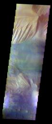 The THEMIS VIS camera contains 5 filters. The data from different filters can be combined in multiple ways to create a false color image. This image from NASA's 2001 Mars Odyssey spacecraft shows part of Candor Chasma.