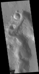 This image captured by NASA's 2001 Mars Odyssey spacecraft shows a portion of Auqakuh Vallis, which dissects the northern margin of Terra Sabaea.