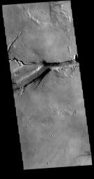 This image from NASA's 2001 Mars Odyssey spacecraft shows a portion of Olympica Fossae on Mars. The east/west alignment is a very uniform width, in this region the fracturing widens as the feature makes a turn to the south.