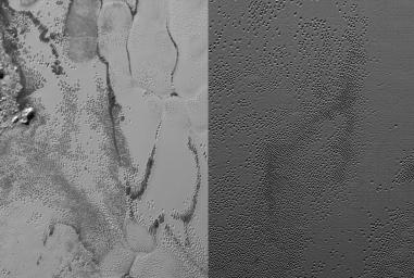 NASA's New Horizons cameras have spied swarms of mysterious 'pits' across the informally named Sputnik Planum. Scientists believe the pits may form through a combination of sublimation and ice fracturing.