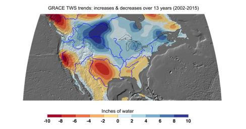 Cumulative total freshwater losses in the United States from 2002 to 2015 (in inches) observed by NASA's GRACE mission. Total water refers to all of the snow, surface water, soil water and groundwater combined.