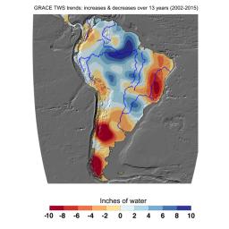 Cumulative total freshwater losses in South America from 2002-2015 (in inches) observed by NASA's GRACE mission. Total water refers to all of the snow, surface water, soil water and groundwater combined.
