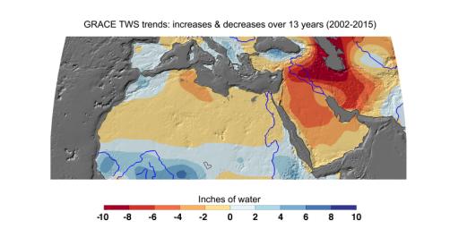 Cumulative total freshwater losses in North Africa and the Middle East from 2002 to 2015 (in inches) observed by NASA's GRACE mission. Total water refers to all of the snow, surface water, soil water and groundwater combined.