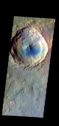 The THEMIS camera contains 5 filters. The data from different filters can be combined in multiple ways to create a false color image. This image captured by NASA's 2001 Mars Odyssey spacecraft shows an unnamed crater in Acidalia Planitia.