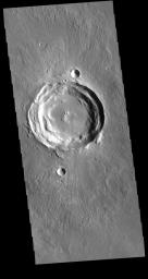 This image captured by NASA's 2001 Mars Odyssey spacecraft shows an unnamed crater near Acheron Fossae. The structure of this crater includes a central pit and several concentric rims.