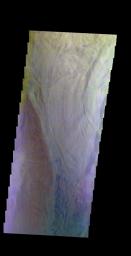 The THEMIS camera contains 5 filters. The data from different filters can be combined in multiple ways to create a false color image. This image captured by NASA's 2001 Mars Odyssey spacecraft shows part of Ophir Chasma.