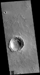 This image captured by NASA's 2001 Mars Odyssey spacecraft shows an unnamed crater in Acidalia Planitia. The margins of the ejecta are lobate and higher than the ejecta closer to the crater.