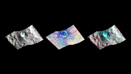 Ceres' Haulani Crater is shown in these views from NASA's Dawn spacecraft. These views reveal variations in the region's brightness, mineralogy and temperature at infrared wavelengths.