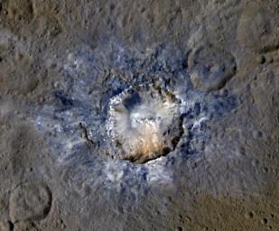 Haulani Crater in enhanced colour, highlighting newer material in blue, NASA/JPL