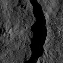 This image from NASA's Dawn spacecraft shows the interior of the crater Datan, which is superimposed on the northwestern rim of the larger crater Geshtin. The area at right, above the rim of Datan, is within Geshtin.