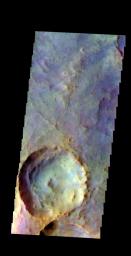 The THEMIS camera contains 5 filters. The data from different filters can be combined in multiple ways to create a false color image. This image from NASA's 2001 Mars Odyssey spacecraft shows an unnamed crater in Terra Sabaea.