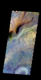 The THEMIS camera contains 5 filters. The data from different filters can be combined in multiple ways to create a false color image. This image from NASA's 2001 Mars Odyssey spacecraft shows part of the plains of Terra Sabaea.