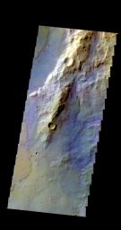 The THEMIS camera contains 5 filters. The data from different filters can be combined in multiple ways to create a false color image. This image from NASA's 2001 Mars Odyssey spacecraft shows part of Terra Sirenum.